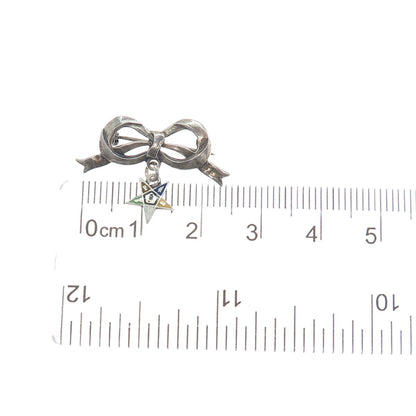 925 Sterling Silver Antique Enamel Bow Masonic Star Dangle Oxidized Brooch