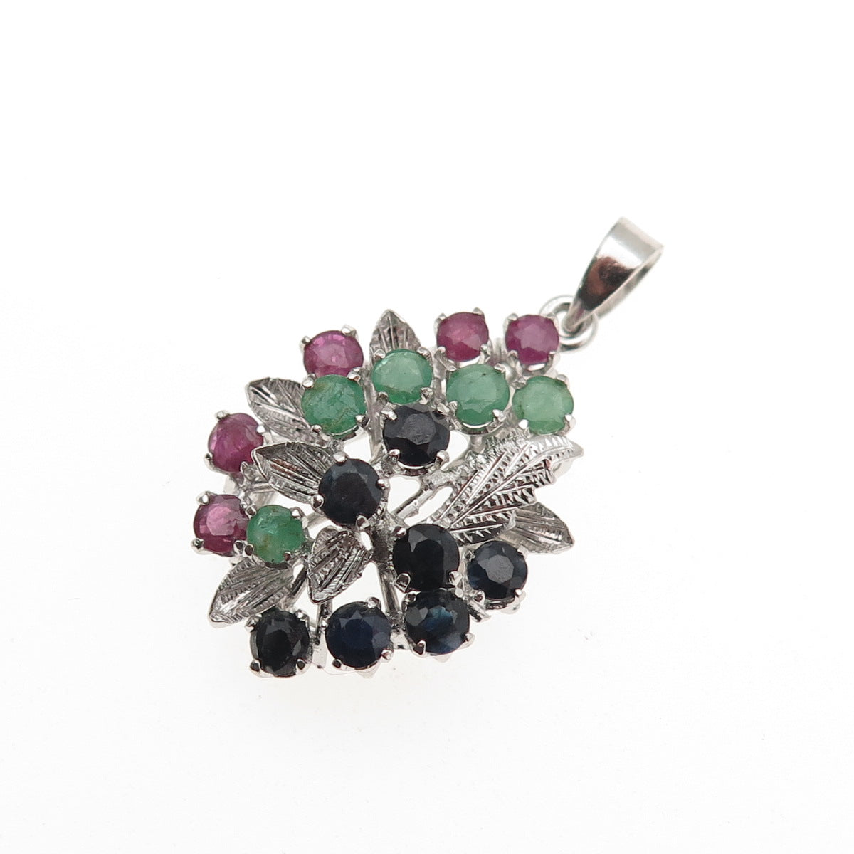 925 Sterling Silver Vintage Real Ruby Emerald & Sapphire Floral Charm Pendant