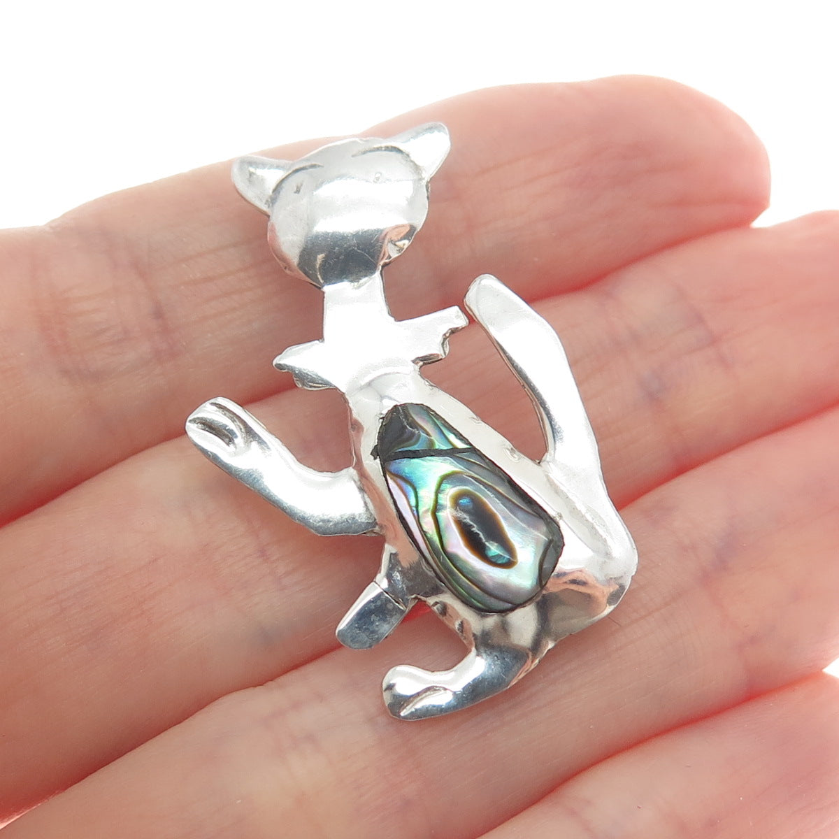 925 Sterling Silver Vintage Mexico Taxco Real Abalone Shell Cat Modernist Brooch