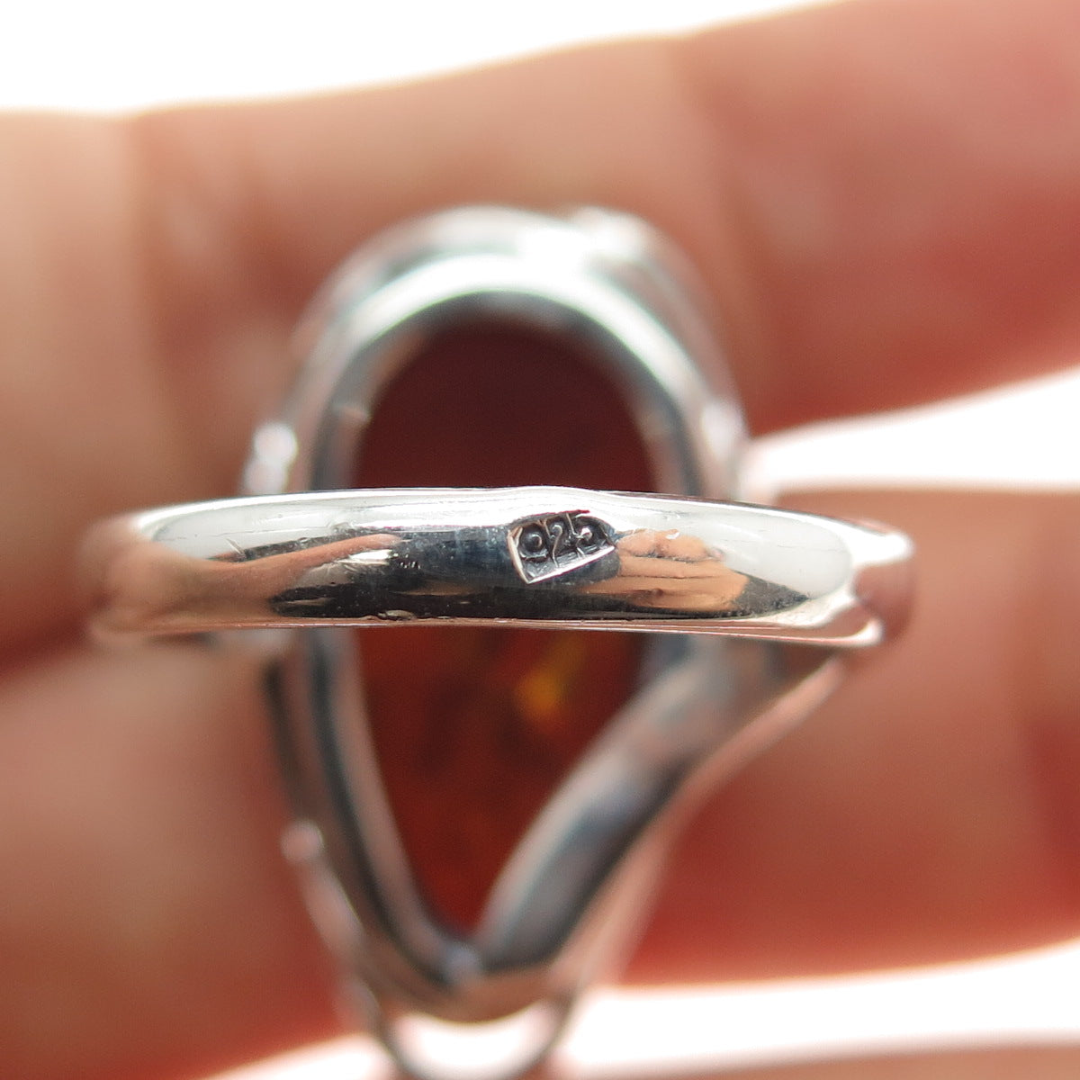 925 Sterling Silver Vintage Real Amber Modernist Adjustable Ring Size 8.75