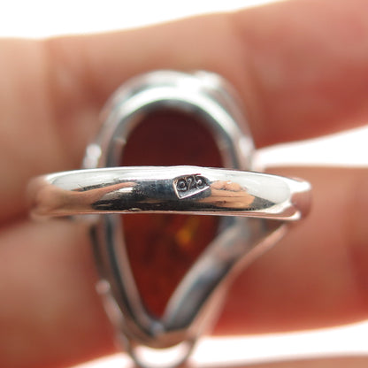 925 Sterling Silver Vintage Real Amber Modernist Adjustable Ring Size 8.75