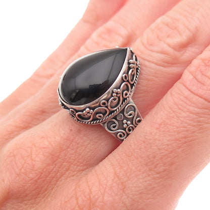 Suarti Bali 925 Sterling Silver Vintage Real Black Onyx Swirl Ring Size 7.25