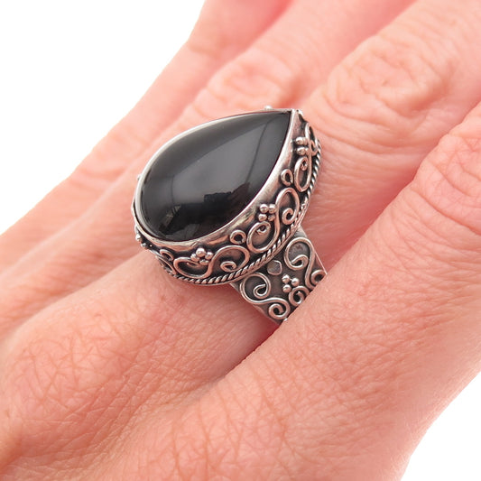 Suarti Bali 925 Sterling Silver Vintage Real Black Onyx Swirl Ring Size 7.25