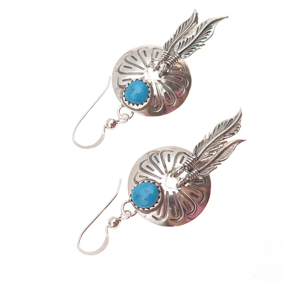 Old Pawn Sterling Silver Vintage Southwestern Turquoise Feather Dangle Earrings