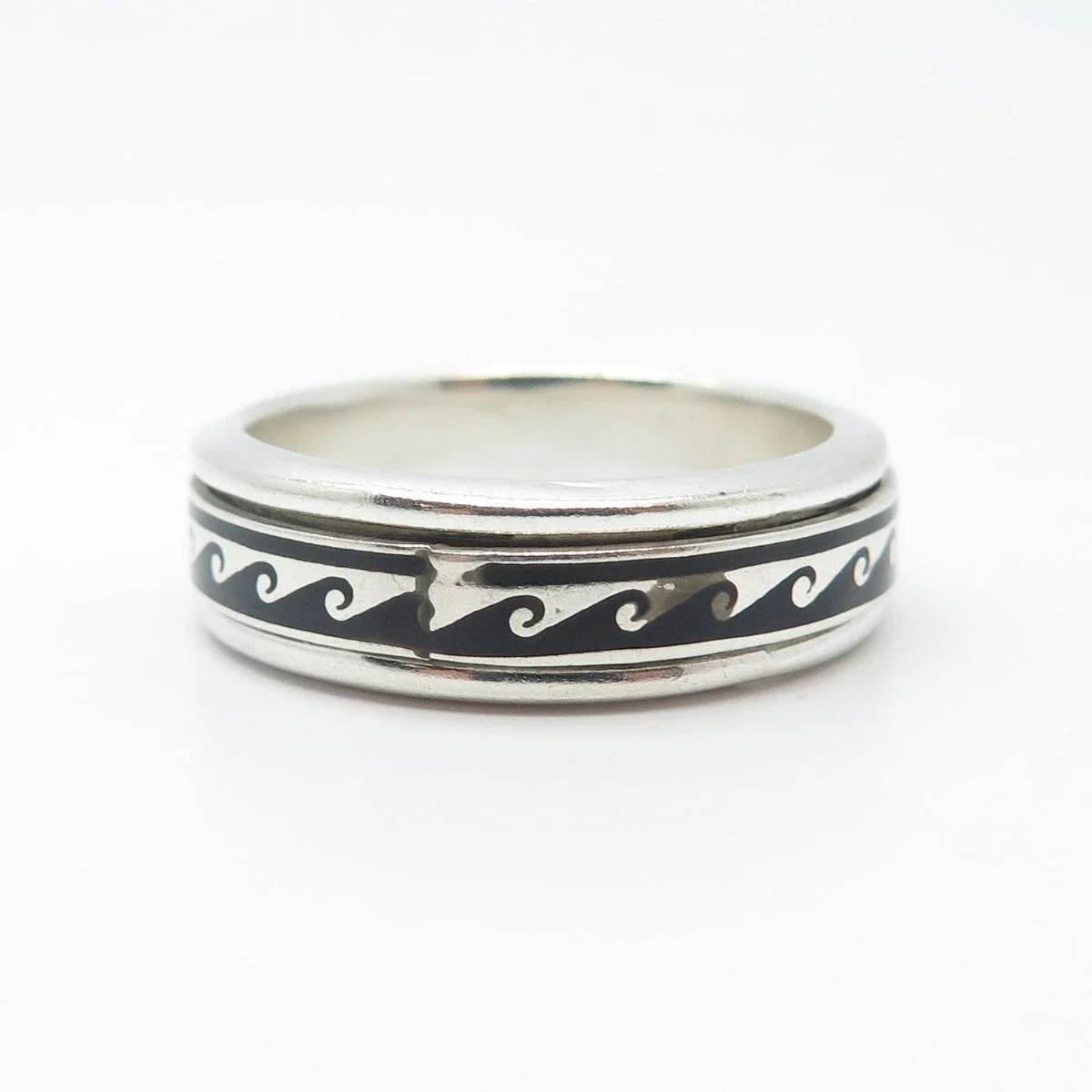 925 Sterling Silver Vintage Mexico Enamel Water Pattern Band Ring Size 13.25