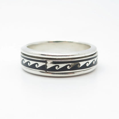 925 Sterling Silver Vintage Mexico Enamel Water Pattern Band Ring Size 13.25