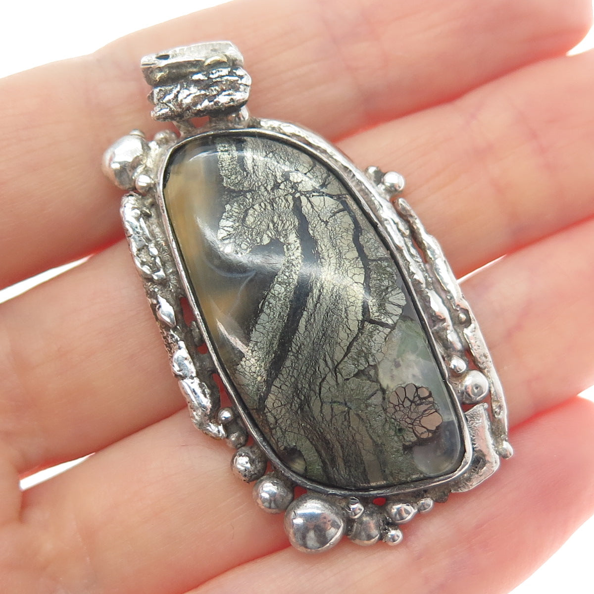 925 Sterling Silver Vintage Real Pyrite Agate Gem Modernist Slide Pendant
