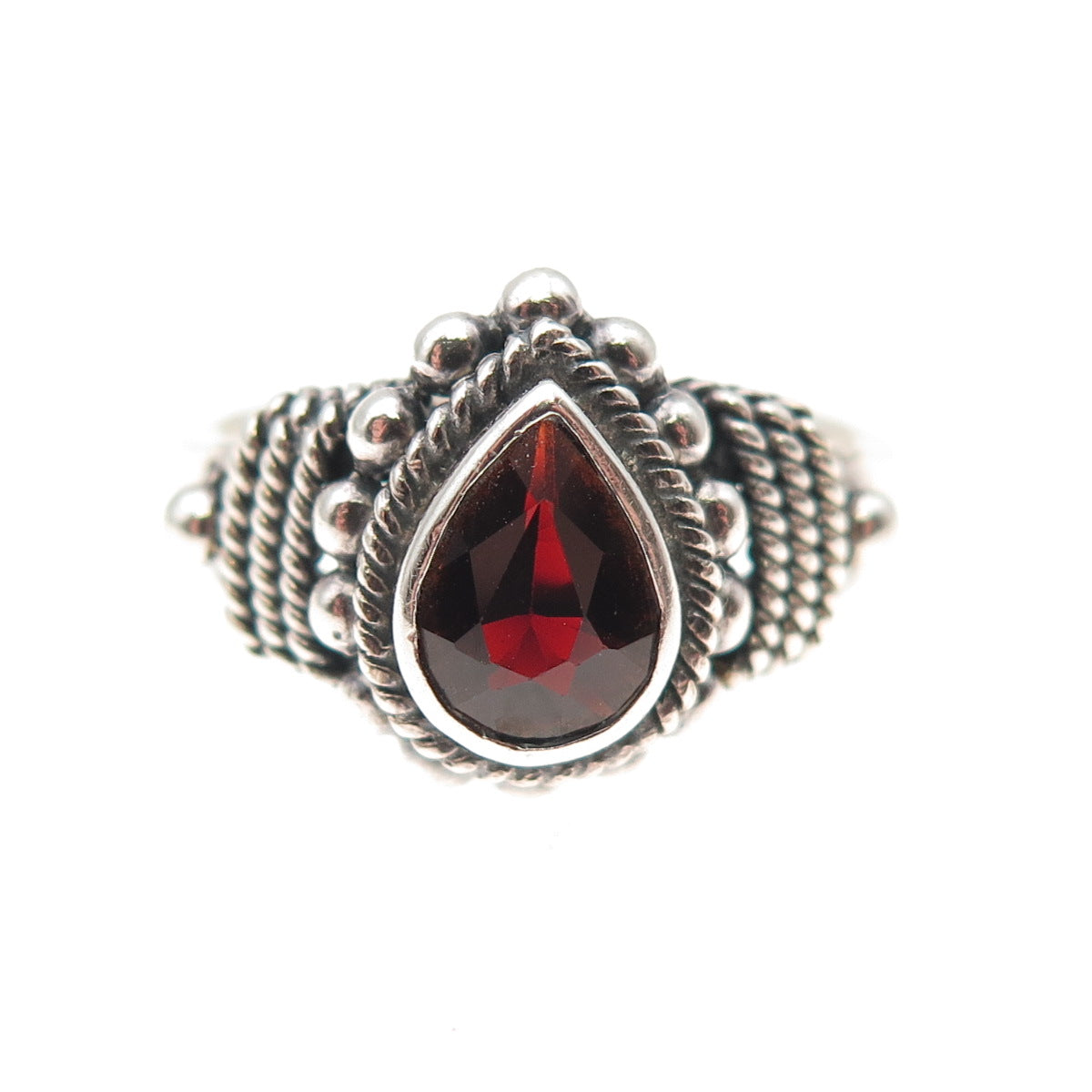 925 Sterling Silver Vintage Real Red Garnet Beaded Oxidized Ring Size 9