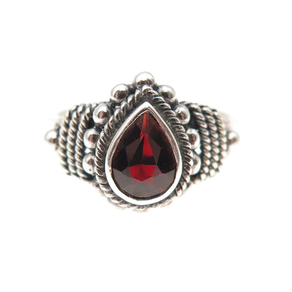 925 Sterling Silver Vintage Real Red Garnet Beaded Oxidized Ring Size 9