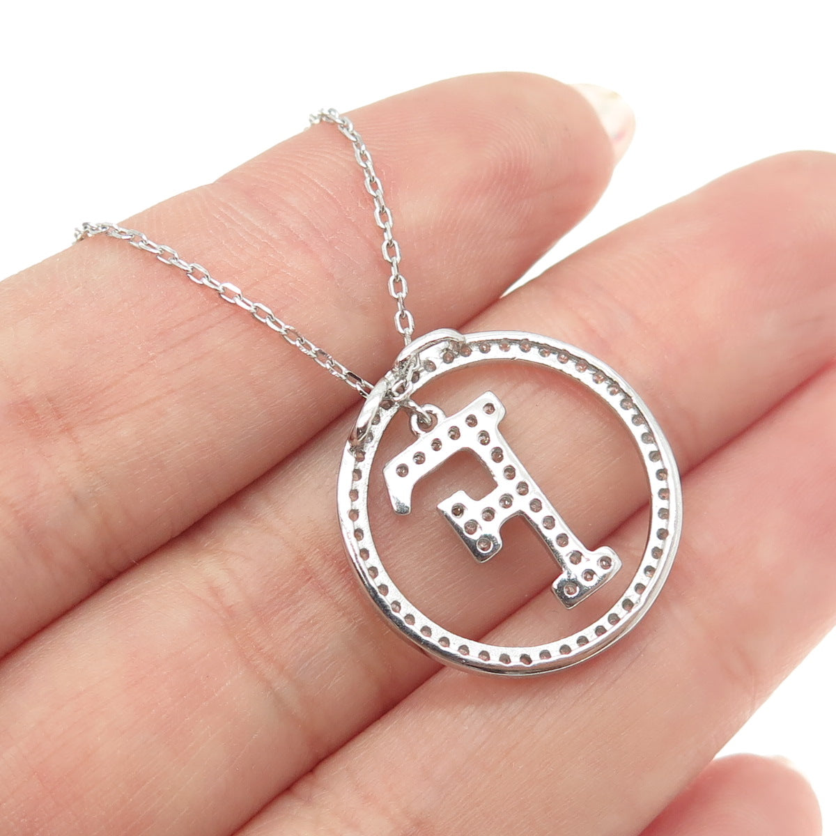 925 Sterling Silver Round-Cut C Z Letter "F" Initial Cable Chain Necklace 16-18"