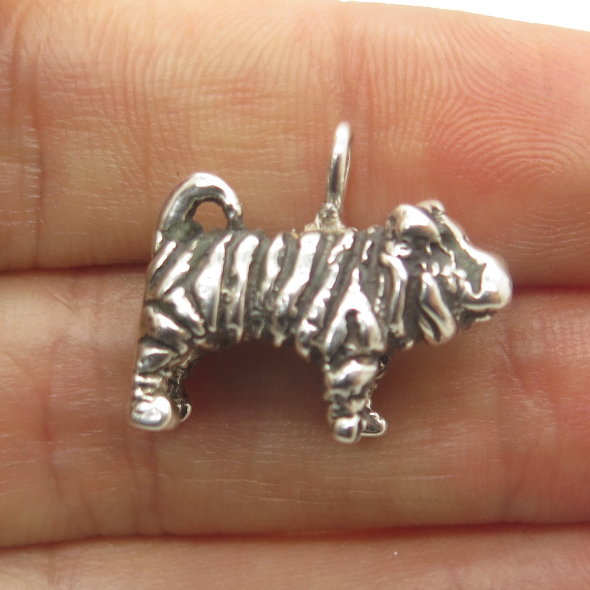 925 Sterling Silver Vintage Sharpei Dog Minimalist 3D Charm Pendant