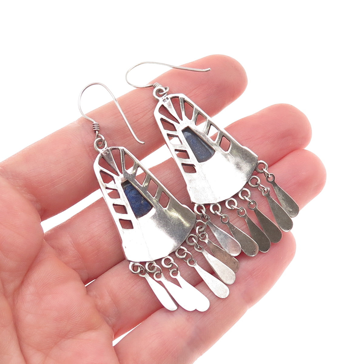 925 Sterling Silver Vintage Real Lapis Modernist Oxidized Dangle Earrings