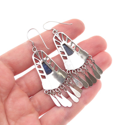 925 Sterling Silver Vintage Real Lapis Modernist Oxidized Dangle Earrings