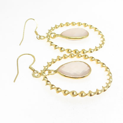 925 Sterling Silver Gold Plated Real Rose Quartz Twisted Circle Earrings