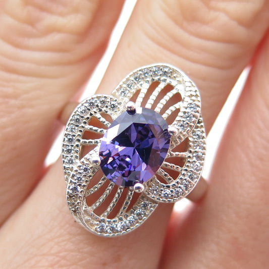 925 Sterling Silver Nano Amethyst & C Z Flower Ring Size 6.75