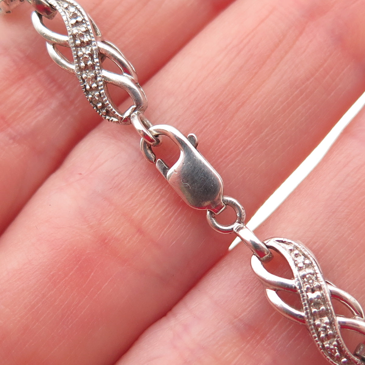 925 Sterling Silver Real Round-Cut Diamond Infinity Link Bracelet 7"