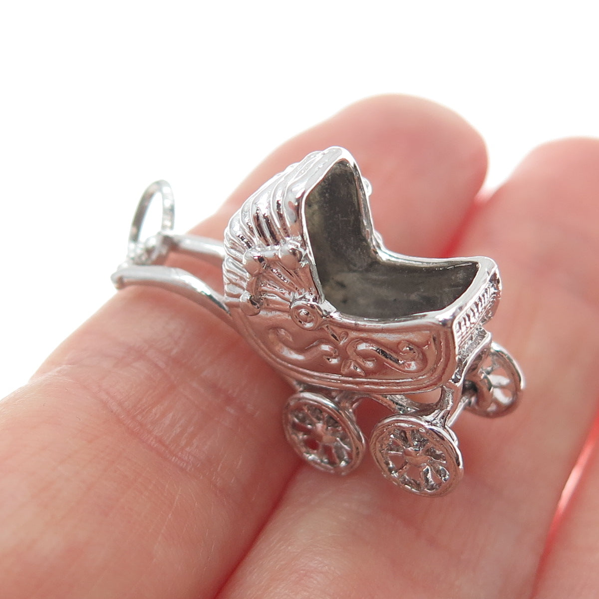SPENCER 925 Sterling Silver Antique Baby Carriage Minimalist 3D Charm Pendant