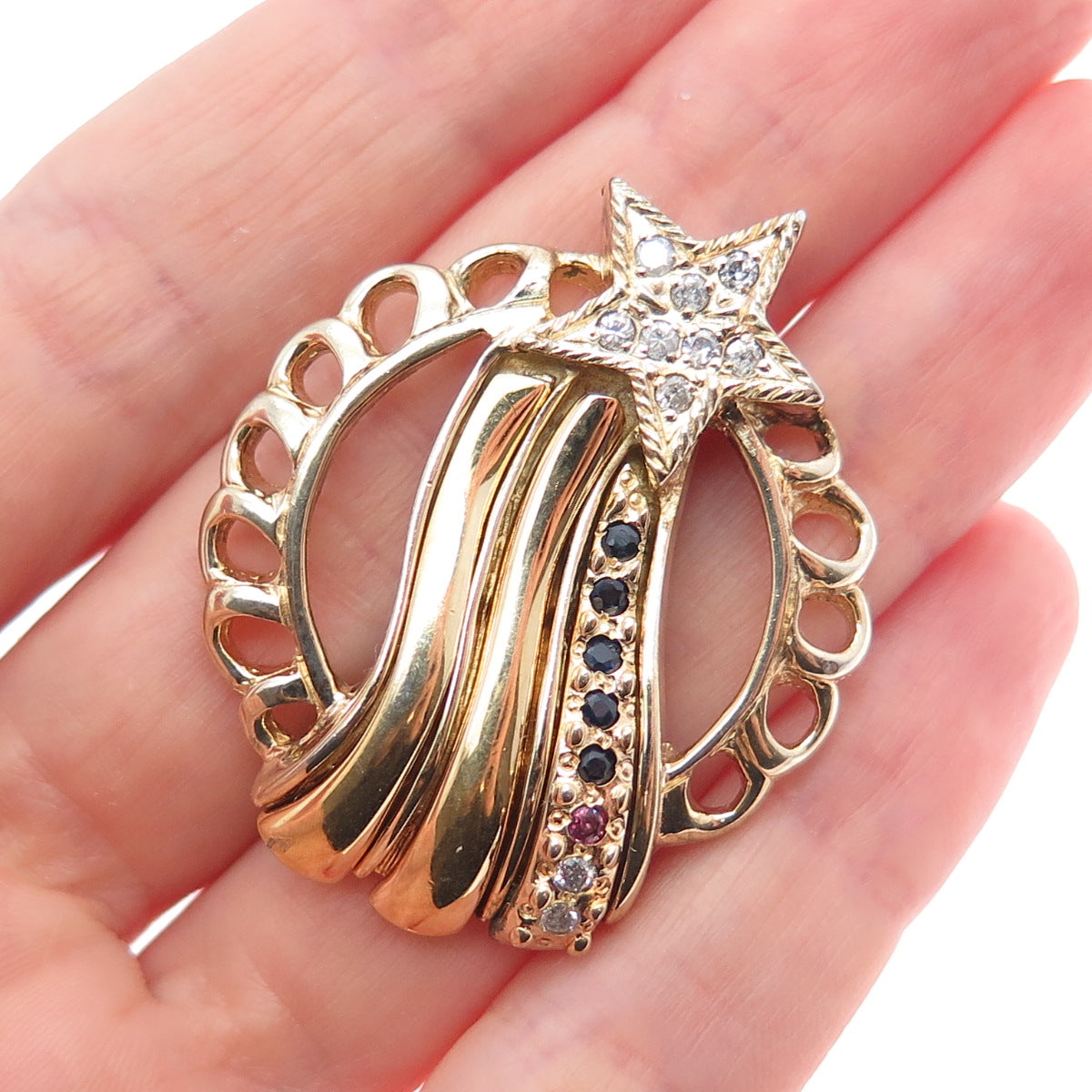 925 Sterling Silver Gold Plated Vintage Real Diamond Sapphire & Ruby Star Brooch