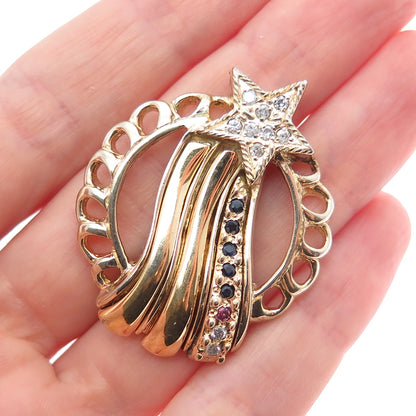925 Sterling Silver Gold Plated Vintage Real Diamond Sapphire & Ruby Star Brooch