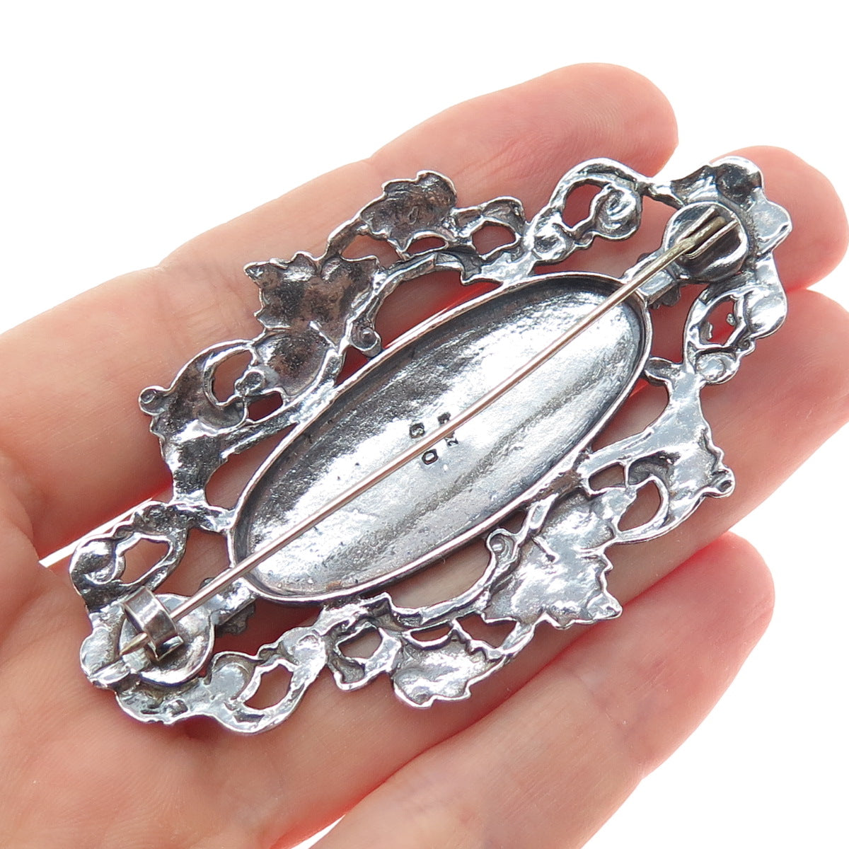 900 Silver Antique Art Deco Flower Oxidized Pin Brooch