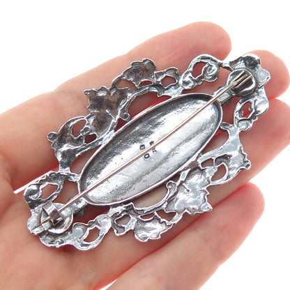 900 Silver Antique Art Deco Flower Oxidized Pin Brooch