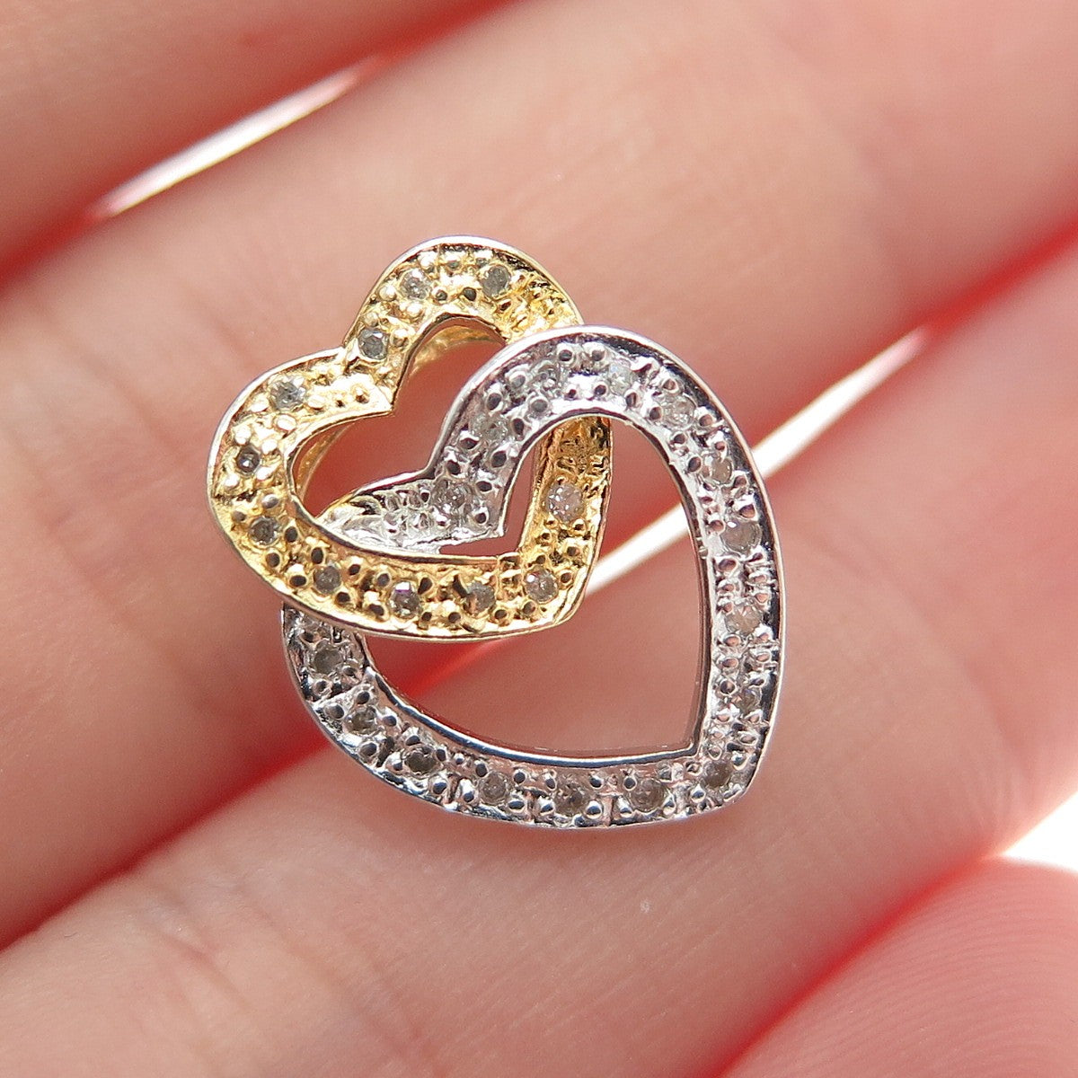 925 Sterling Silver 2-Tone Real Diamond Interlocked Heart Slide Mini Pendant