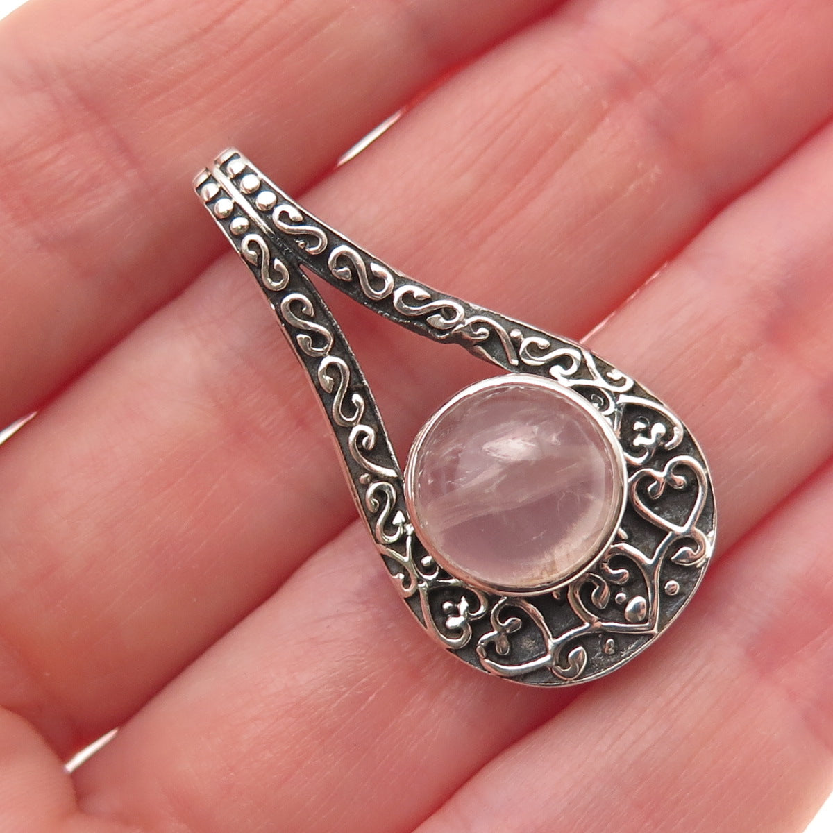 925 Sterling Silver Vintage Real Rose Quartz Heart Ornate Oxidized Slide Pendant