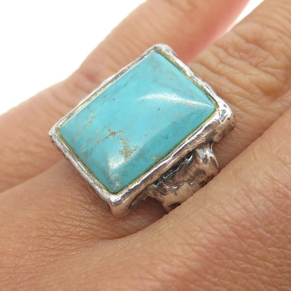 925 Sterling Silver Vintage Real Turquoise Gemstone Modernist Ring Size 6