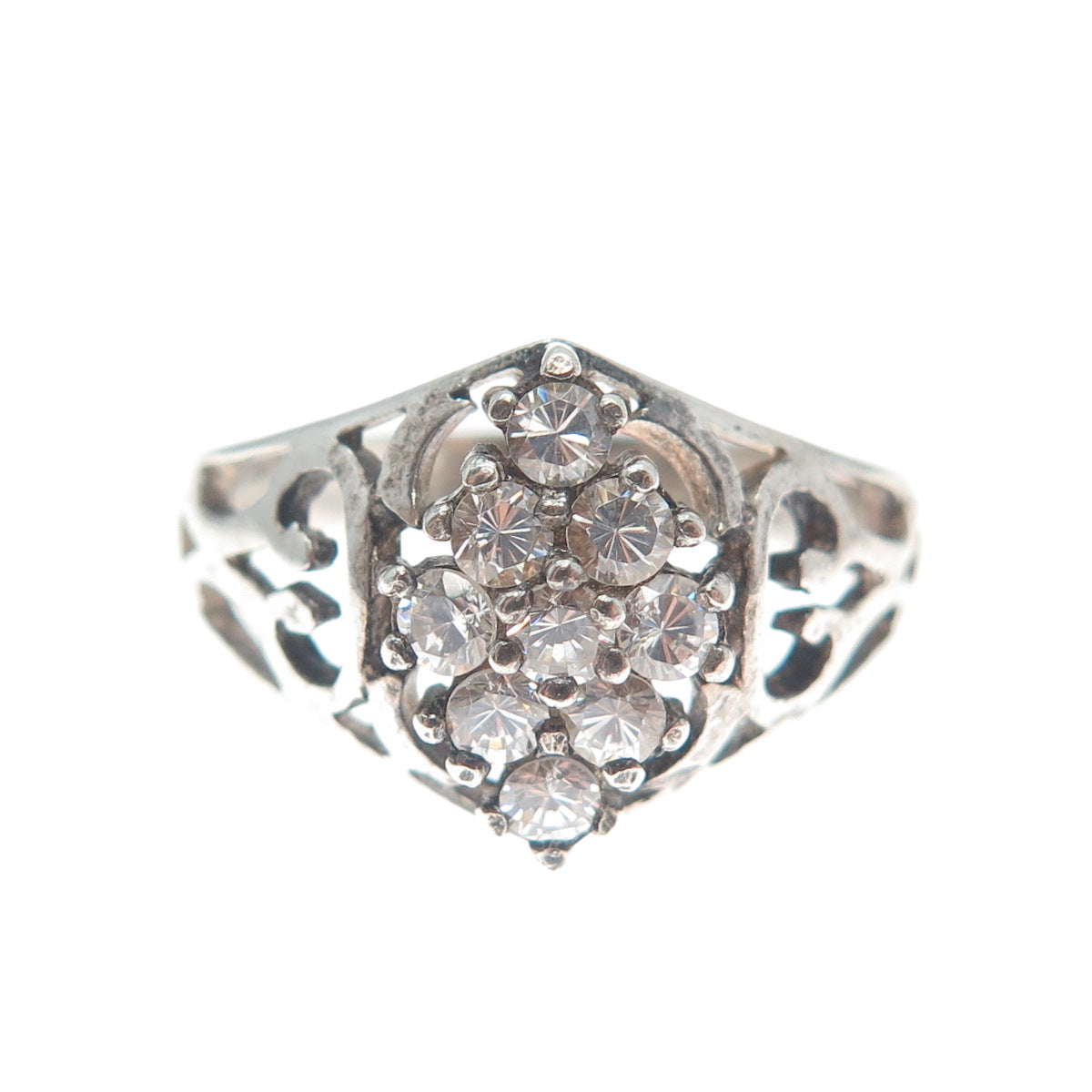 925 Sterling Silver Round-Cut Shaped C Z Ornate Oxidized Ring Size 6