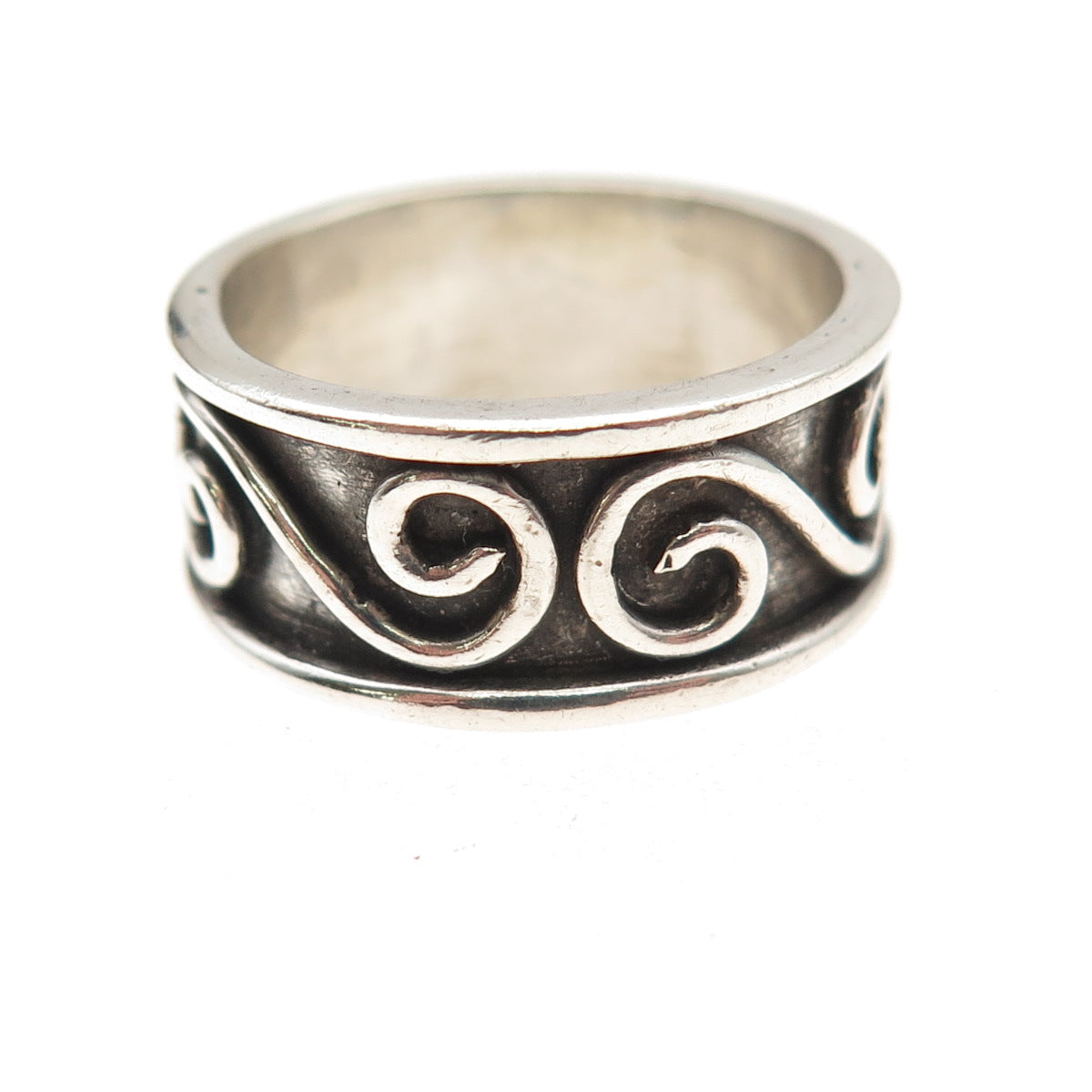 925 Sterling Silver Vintage Modernist Spiral Oxidized Band Ring Size 7.75