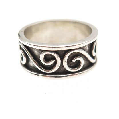 925 Sterling Silver Vintage Modernist Spiral Oxidized Band Ring Size 7.75