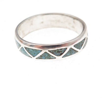 Old Pawn 925 Sterling Silver Vintage Turquoise Inlay Tribal Band Ring Size 11.5
