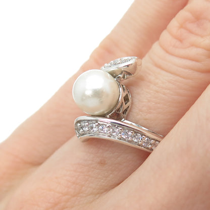 NEVADA 925 Sterling Silver Faux Pearl & C Z Bypass Ring Size 5.25