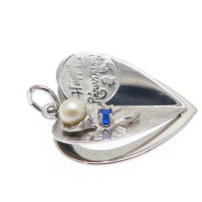 925 Sterling Vintage M&M Real Pearl Rhinestone Anniversary Heart Mini Pendant