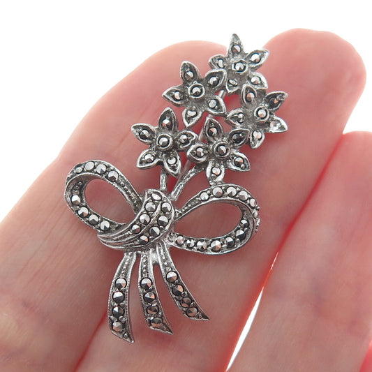 800 Silver Vintage Germany Real Marcasite Flower Oxidized Pin Brooch