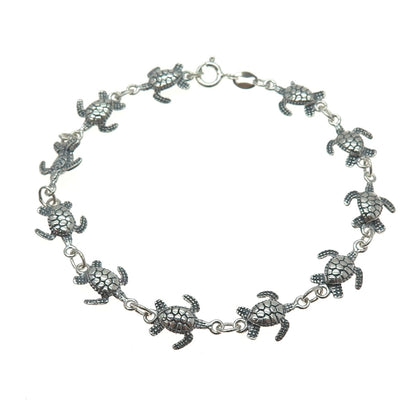 925 Sterling Silver Vintage Turtle Link Oxidized Bracelet 7.5"