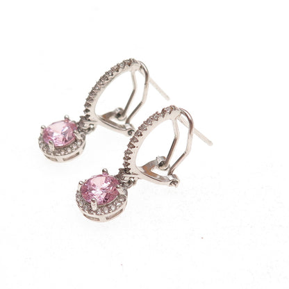 925 Sterling Silver Round-Cut Pink & White C Z Omega Back Dangle Earrings
