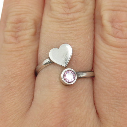 950 Silver Vintage Round-Cut Pink C Z Heart Adjustable Ring Size 7.5