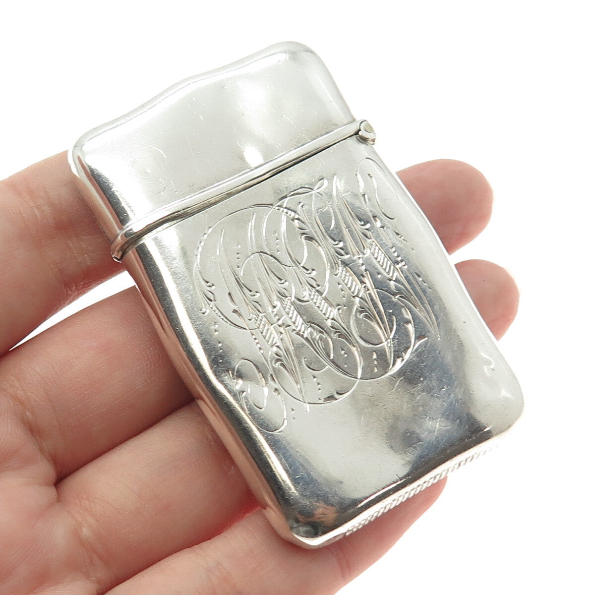 925 Sterling Silver Antique Art Deco Engraved "M&W" Collectable Vesta Match Case