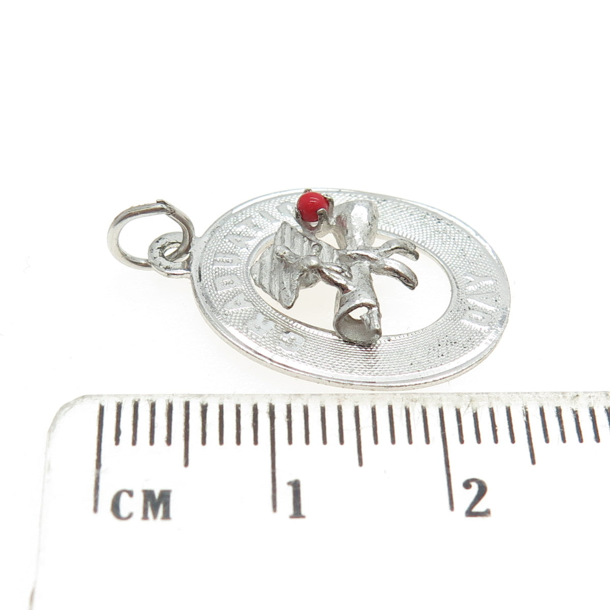 925 Sterling Silver Vintage Red Glass "Graduation Day" Cap & Diploma Pendant