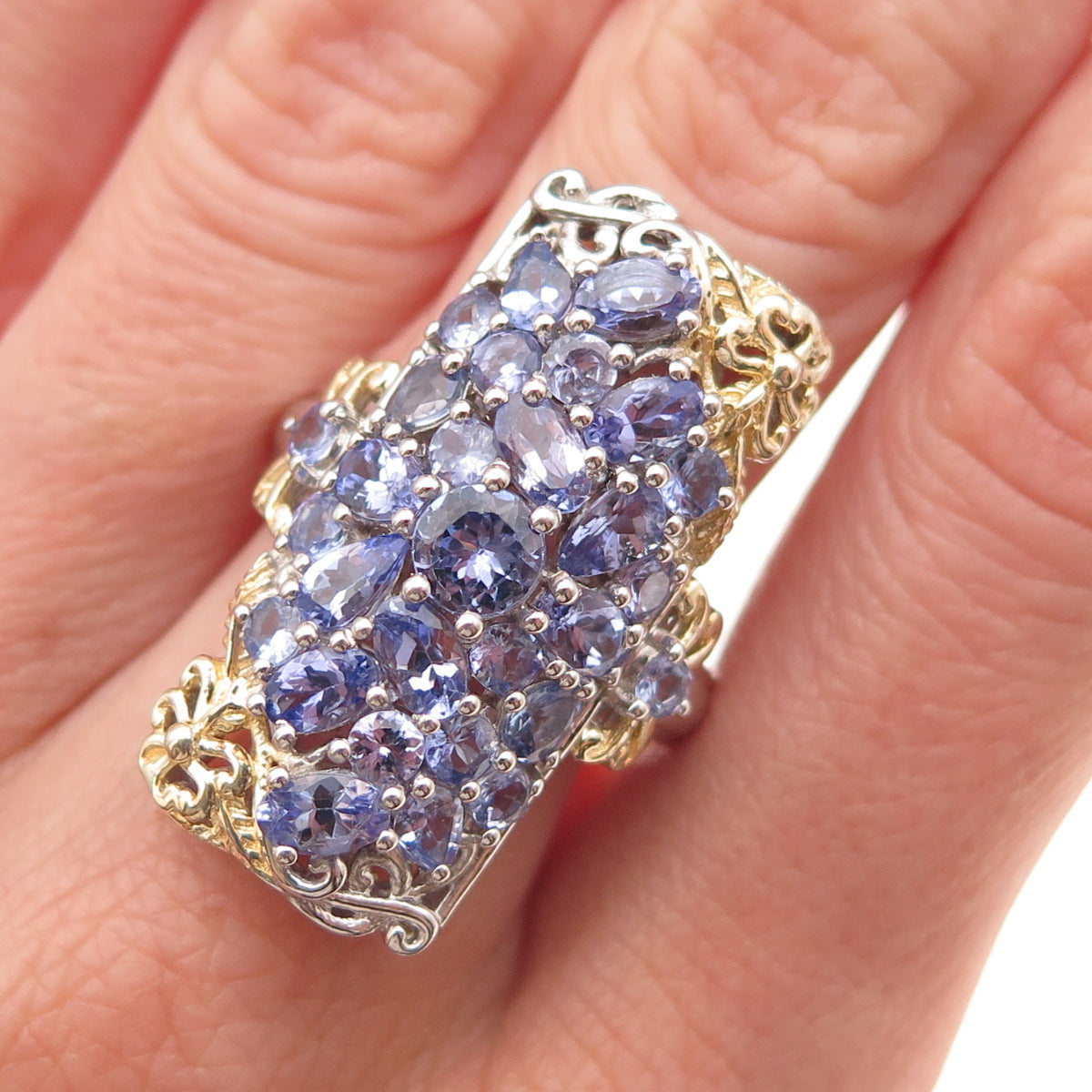 Chuck Clemency 925 Sterling Silver 2-Tone Real Tanzanite Floral Ring Size 8