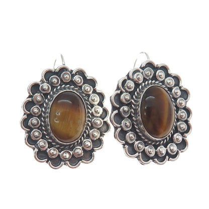 925 Sterling Silver Vintage Mexico Real Tiger Eye Flower Oxidized Earrings