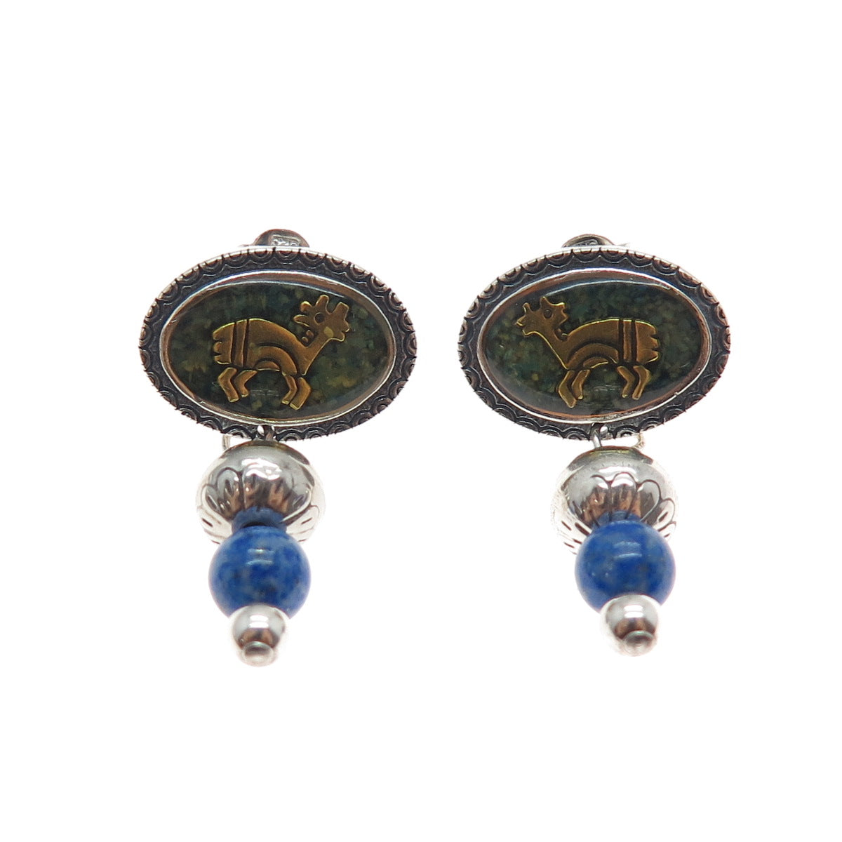 CAROLYN POLLACK Old Pawn 925 Sterling 2-Tone Vintage Lapis Inlay Goat Earrings