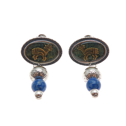 CAROLYN POLLACK Old Pawn 925 Sterling 2-Tone Vintage Lapis Inlay Goat Earrings