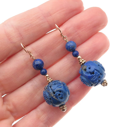 1/20 14K Gold Filled Vintage Real Lapis Carved Ball Beaded Dangle Earrings