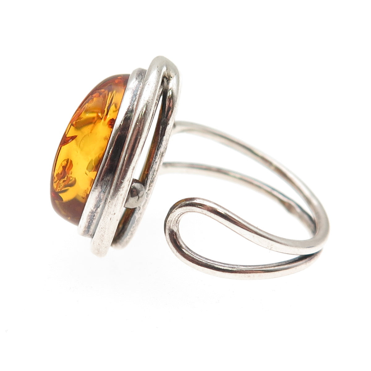 925 Sterling Vintage Poland Real Amber Modernist Adjustable Ring Size 8.75