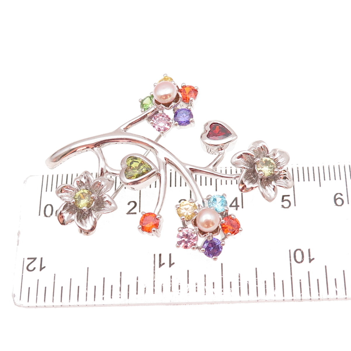 925 Sterling Silver Real Pearl & Multi-Color C Z Floral Pendant