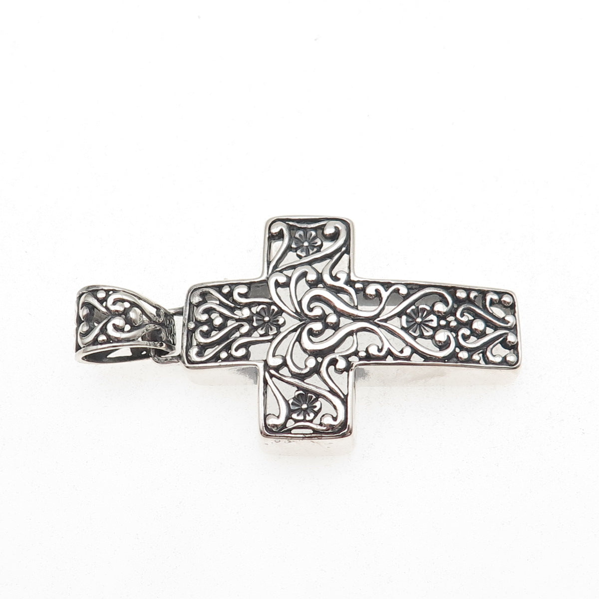 Carolyn Pollack 925 Sterling Silver Vintage Floral Ornate Cross Oxidized Pendant