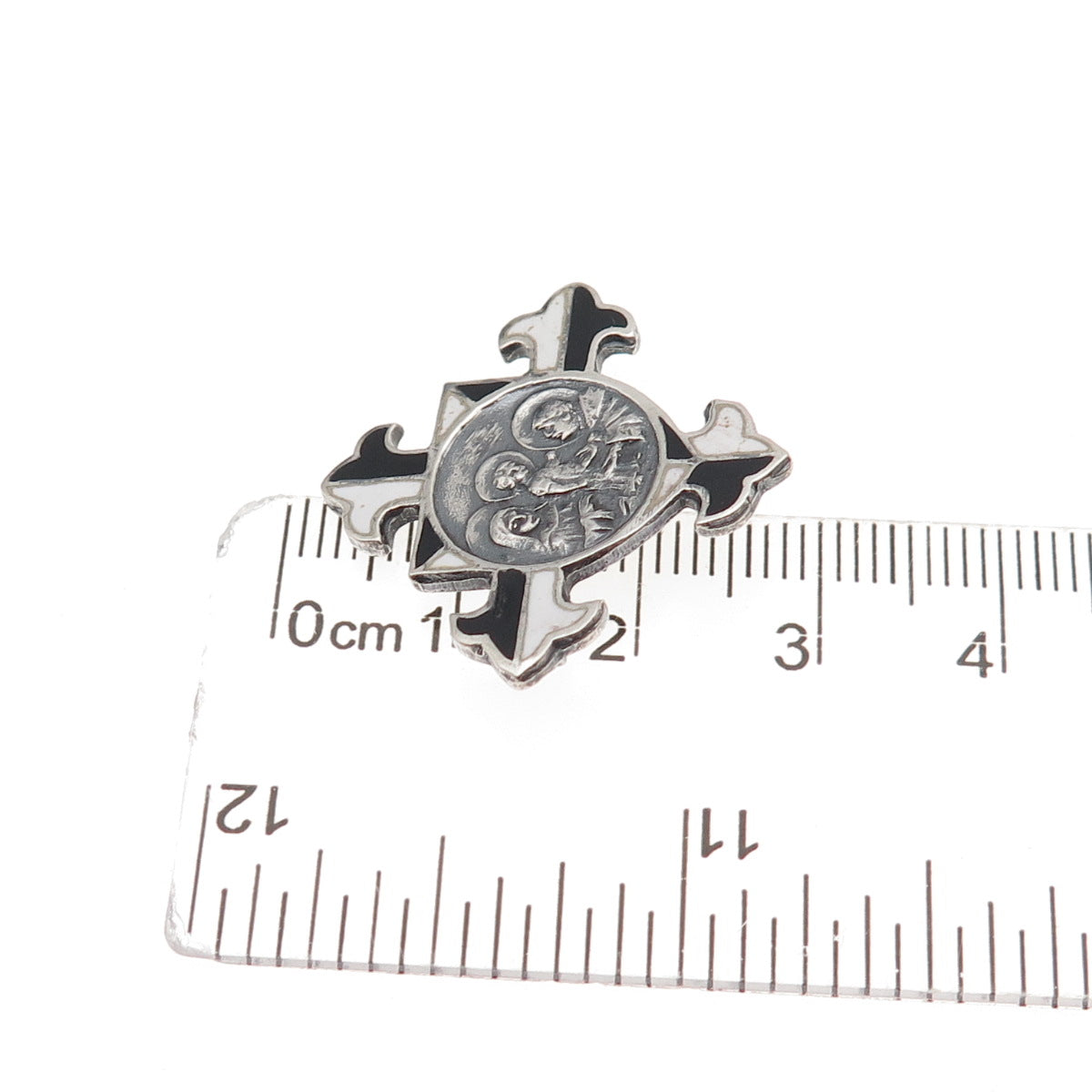 925 Sterling Silver Antique Art Deco Holy Family Cross Oxidized Pin Brooch