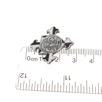 925 Sterling Silver Antique Art Deco Holy Family Cross Oxidized Pin Brooch